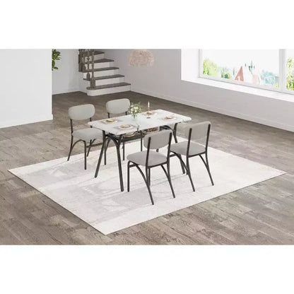 Ensemble de salle à manger 4 pièces avec chaises en tissu bouclé, table rectangulaire effet marbre avec 4 fauteuils rembourrés, ensemble de cuisine compact pour petits espaces