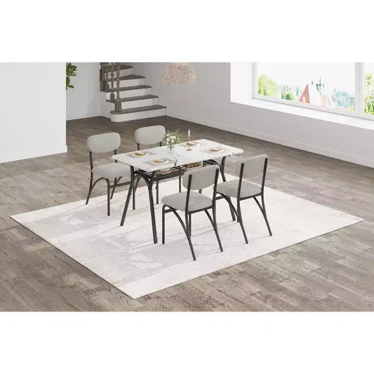 Ensemble de salle à manger 4 pièces avec chaises en tissu bouclé, table rectangulaire effet marbre avec 4 fauteuils rembourrés, ensemble de cuisine compact pour petits espaces
