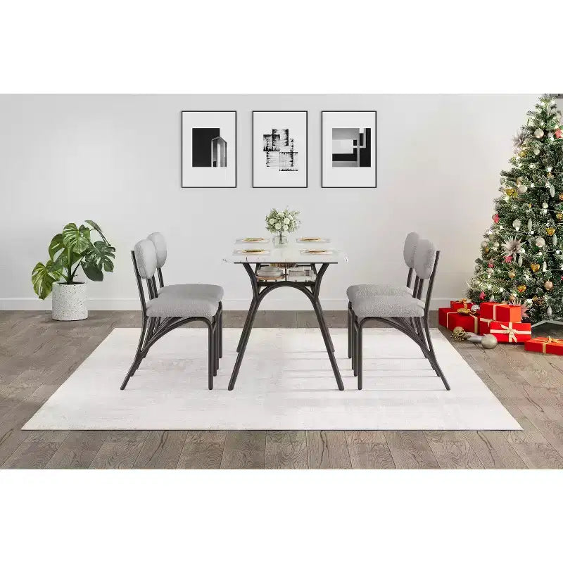 Ensemble de salle à manger 4 pièces avec chaises en tissu bouclé, table rectangulaire effet marbre avec 4 fauteuils rembourrés, ensemble de cuisine compact pour petits espaces