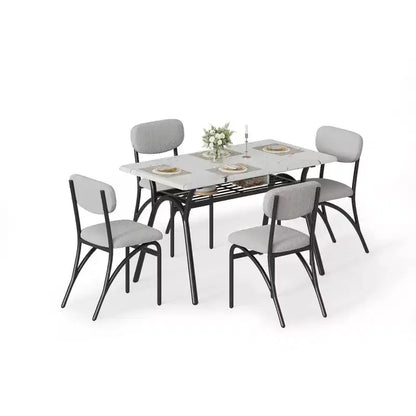4-Piece Kitchen Table Set with Boucle Chairs, Marble-Look Rectangular Dining Table with 4 Padded Armchairs, Compact Kitchen Set for Small Spaces