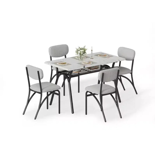 4-Piece Kitchen Table Set with Boucle Chairs, Marble-Look Rectangular Dining Table with 4 Padded Armchairs, Compact Kitchen Set for Small Spaces