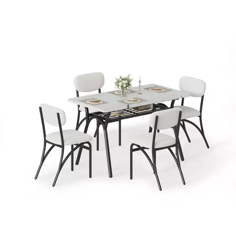Ensemble de salle à manger 4 pièces avec chaises en tissu bouclé, table rectangulaire effet marbre avec 4 fauteuils rembourrés, ensemble de cuisine compact pour petits espaces