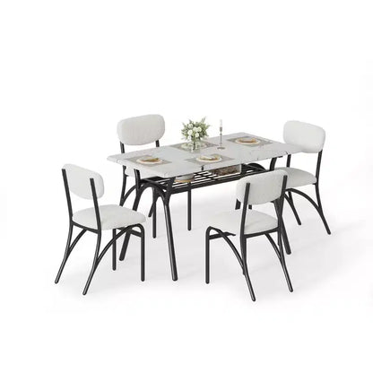 Ensemble de salle à manger 4 pièces avec chaises en tissu bouclé, table rectangulaire effet marbre avec 4 fauteuils rembourrés, ensemble de cuisine compact pour petits espaces