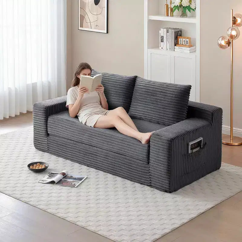 Canapé convertible 2-en-1 moderne Okak sans accoudoirs avec mousse à mémoire de forme, futon en velours côtelé pour salon, appartement