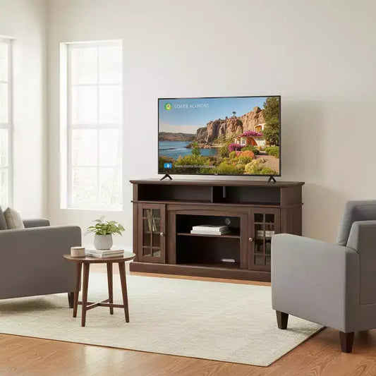 Homy Casa 65 TV Stand with Glass Cabinet Doors and Open Media Storage for Living Room
