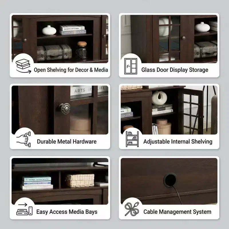 Meuble TV Homy Casa 65 avec portes vitrées et espace de rangement ouvert pour salon
