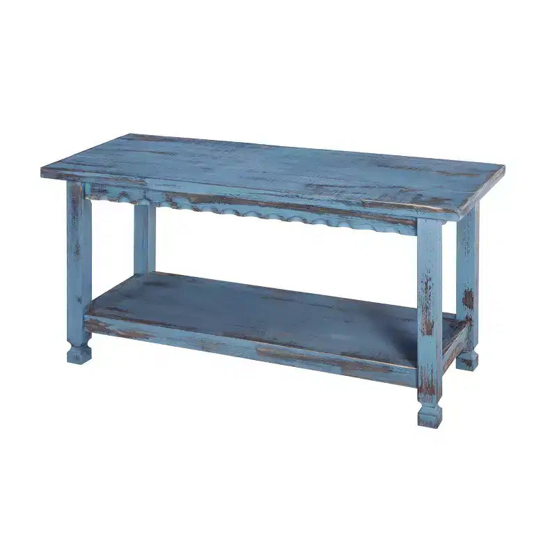Alaterre Furniture Rustic Cottage Bench with Shelf, Blue Antique, Solid Wood, Perfect for Accent & Occasional Furniture, Farmhouse Barn
