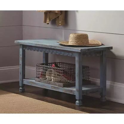 Banc Rustique Alaterre Furniture Cottage avec Étagère, Bleu Antique, Bois Massif, Parfait comme Meuble d'Appoint & Occasionnel, Style Ferme Grange
