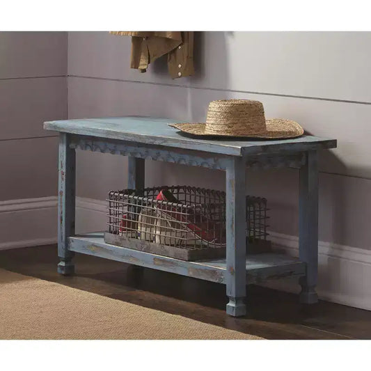 Banc Rustique Alaterre Furniture Cottage avec Étagère, Bleu Antique, Bois Massif, Parfait comme Meuble d'Appoint & Occasionnel, Style Ferme Grange
