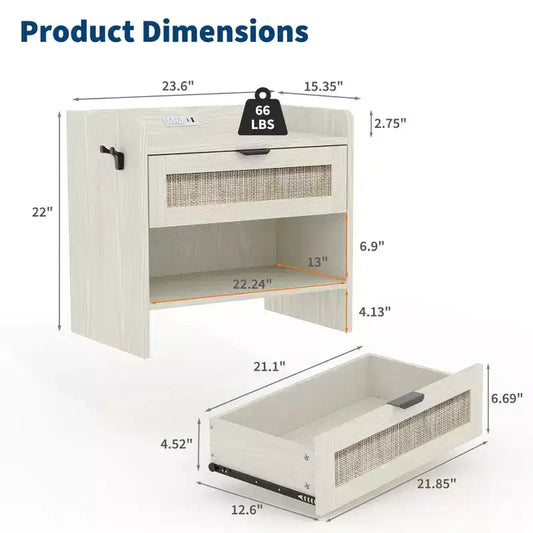 Table de chevet en rotin, table de chevet avec station de charge USB-C, tiroir de rangement et espace de rangement ouvert, table d'appoint bohème pour chambre, salon, bureau