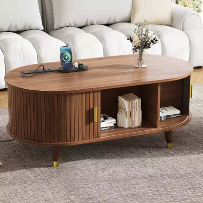 JVNOXKMedieval-Style Wooden Oval Grooved Coffee Table with Charging Station, Featuring Sliding Roller Shutters Solid Wood Legs, Walnut