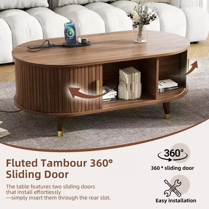 Table basse ovale cannelée en bois de style médiéval JVNOXK avec station de recharge, dotée de pieds en bois massif avec volets roulants coulissants, Noyer