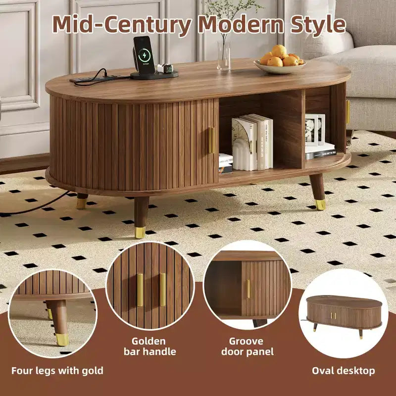 Table basse ovale cannelée en bois de style médiéval JVNOXK avec station de recharge, dotée de pieds en bois massif avec volets roulants coulissants, Noyer
