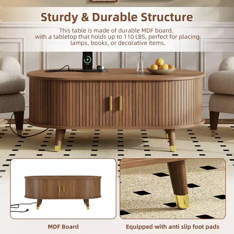 Table basse ovale cannelée en bois de style médiéval JVNOXK avec station de recharge, dotée de pieds en bois massif avec volets roulants coulissants, Noyer