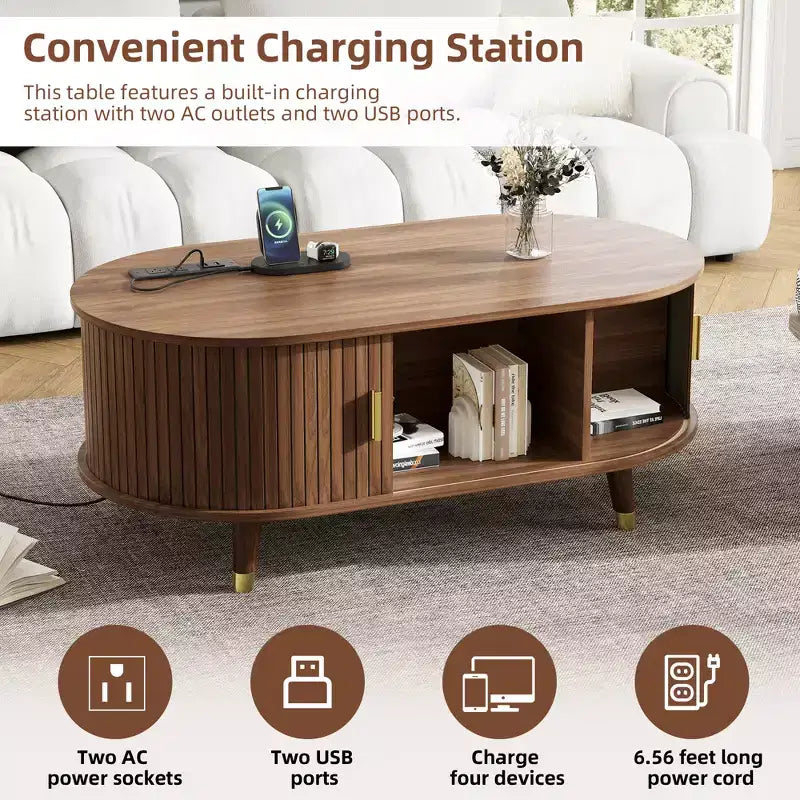 Table basse ovale cannelée en bois de style médiéval JVNOXK avec station de recharge, dotée de pieds en bois massif avec volets roulants coulissants, Noyer