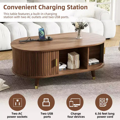 Table basse ovale cannelée en bois de style médiéval JVNOXK avec station de recharge, dotée de pieds en bois massif avec volets roulants coulissants, Noyer