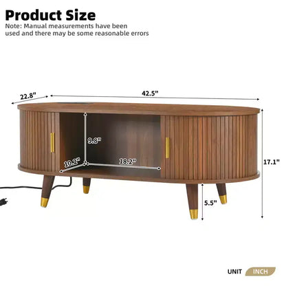 Table basse ovale cannelée en bois de style médiéval JVNOXK avec station de recharge, dotée de pieds en bois massif avec volets roulants coulissants, Noyer