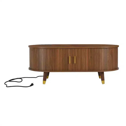 Table basse ovale cannelée en bois de style médiéval JVNOXK avec station de recharge, dotée de pieds en bois massif avec volets roulants coulissants, Noyer