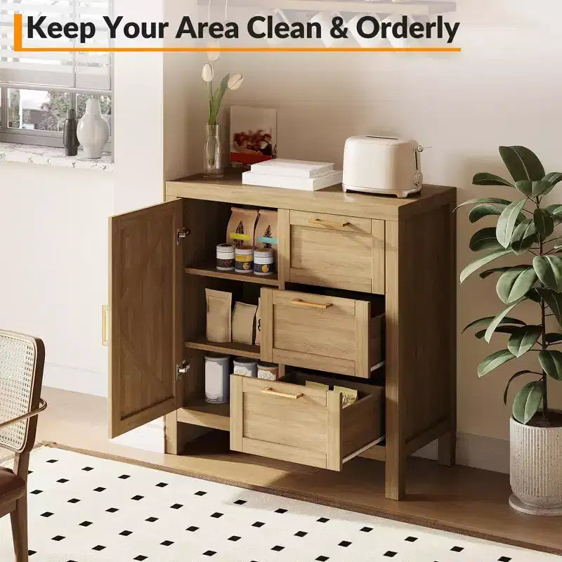 Meuble de Buffet avec Rangement, Meuble de Rangement en Bois avec 3 Tiroirs, avec Pieds en Bois Solides, Étagère Réglable, Buffet pour Salon Intérieur