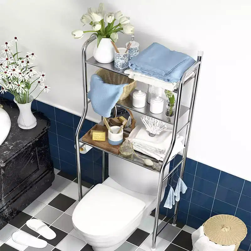 Étagère de rangement au-dessus des toilettes, organisateur de toilettes à 3 niveaux, étagère de salle de bain peu encombrante en métal avec porte-papier et crochets, organisateur de support de salle de bain