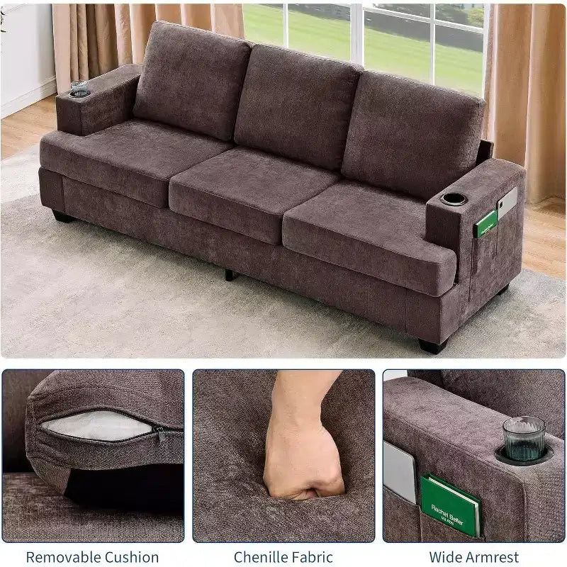 Garvee 89 Canapé moderne pour salon, canapé 3 places confortable avec assise profonde, canapé en chenille avec porte-gobelets et poches de rangement latérales