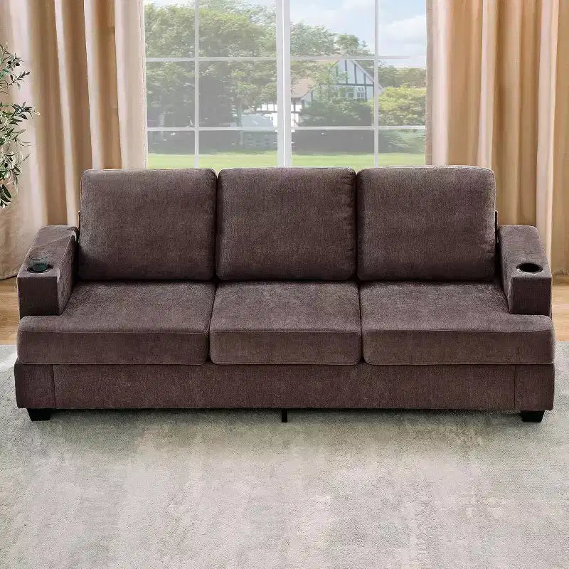 Garvee 89 Canapé moderne pour salon, canapé 3 places confortable avec assise profonde, canapé en chenille avec porte-gobelets et poches de rangement latérales