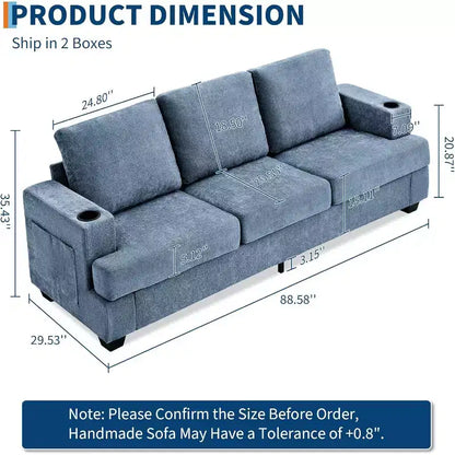 Garvee 89 Canapé moderne pour salon, canapé 3 places confortable avec assise profonde, canapé en chenille avec porte-gobelets et poches de rangement latérales