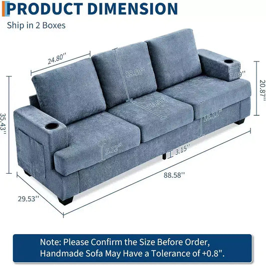 Garvee 89 Canapé moderne pour salon, canapé 3 places confortable avec assise profonde, canapé en chenille avec porte-gobelets et poches de rangement latérales
