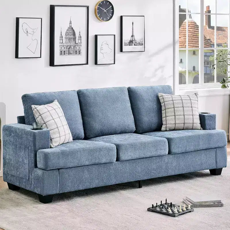 Garvee 89 Canapé moderne pour salon, canapé 3 places confortable avec assise profonde, canapé en chenille avec porte-gobelets et poches de rangement latérales
