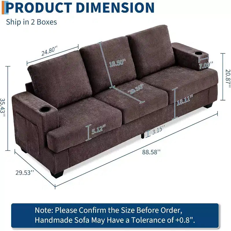 Garvee 89 Canapé moderne pour salon, canapé 3 places confortable avec assise profonde, canapé en chenille avec porte-gobelets et poches de rangement latérales