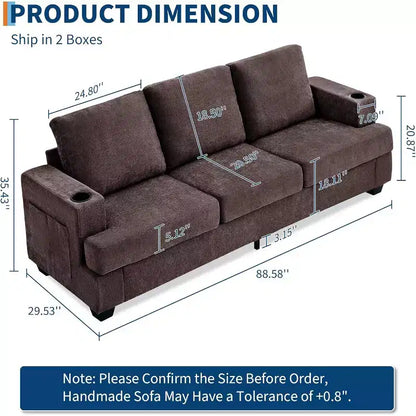Garvee 89 Canapé moderne pour salon, canapé 3 places confortable avec assise profonde, canapé en chenille avec porte-gobelets et poches de rangement latérales