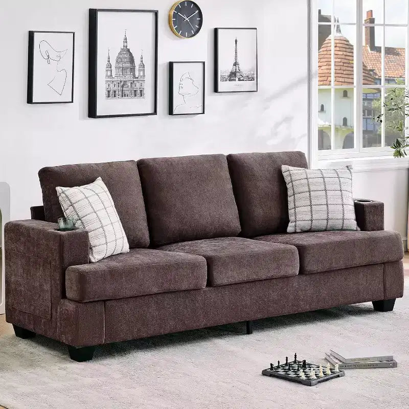Garvee 89 Canapé moderne pour salon, canapé 3 places confortable avec assise profonde, canapé en chenille avec porte-gobelets et poches de rangement latérales