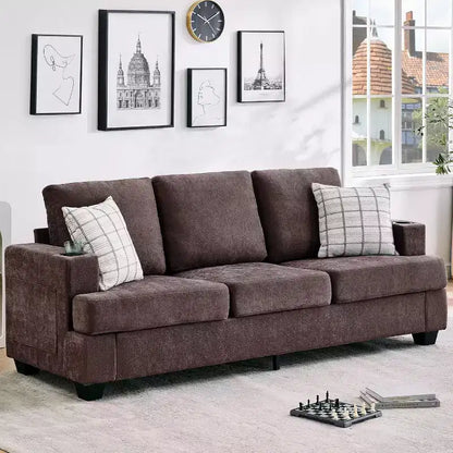 Garvee 89 Canapé moderne pour salon, canapé 3 places confortable avec assise profonde, canapé en chenille avec porte-gobelets et poches de rangement latérales