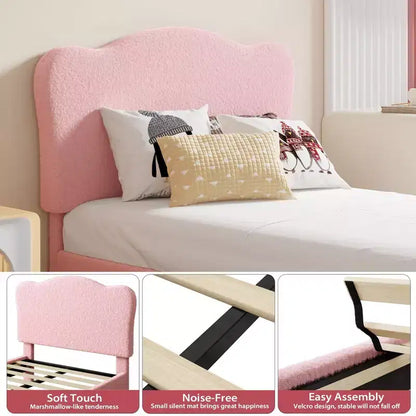 Cadre de lit double rembourré pour enfants avec tête de lit festonnée, lit double en velours mignon pour filles, garçons, pas besoin de sommier, lattes en bois, silencieux