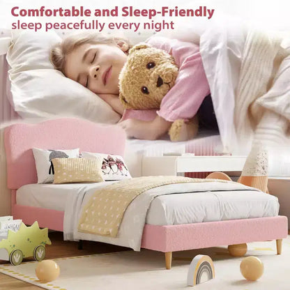 Cadre de lit double rembourré pour enfants avec tête de lit festonnée, lit double en velours mignon pour filles, garçons, pas besoin de sommier, lattes en bois, silencieux