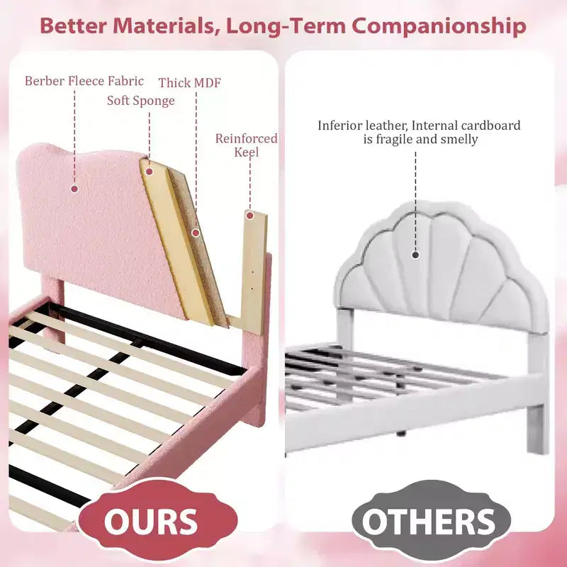 Cadre de lit double rembourré pour enfants avec tête de lit festonnée, lit double en velours mignon pour filles, garçons, pas besoin de sommier, lattes en bois, silencieux