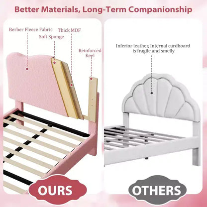 Cadre de lit double rembourré pour enfants avec tête de lit festonnée, lit double en velours mignon pour filles, garçons, pas besoin de sommier, lattes en bois, silencieux