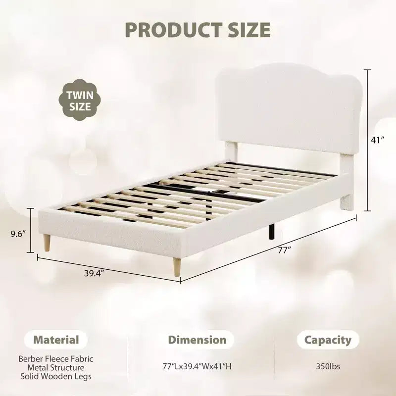Cadre de lit double rembourré pour enfants avec tête de lit festonnée, lit double en velours mignon pour filles, garçons, pas besoin de sommier, lattes en bois, silencieux