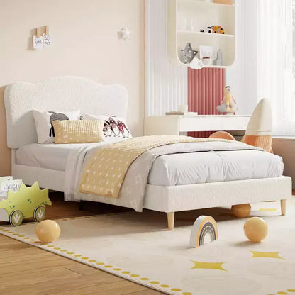 Cadre de lit double rembourré pour enfants avec tête de lit festonnée, lit double en velours mignon pour filles, garçons, pas besoin de sommier, lattes en bois, silencieux