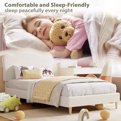 Cadre de lit double rembourré pour enfants avec tête de lit festonnée, lit double en velours mignon pour filles, garçons, pas besoin de sommier, lattes en bois, silencieux