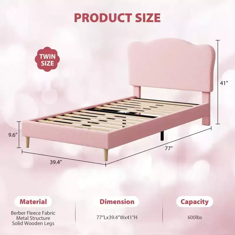 Cadre de lit double rembourré pour enfants avec tête de lit festonnée, lit double en velours mignon pour filles, garçons, pas besoin de sommier, lattes en bois, silencieux