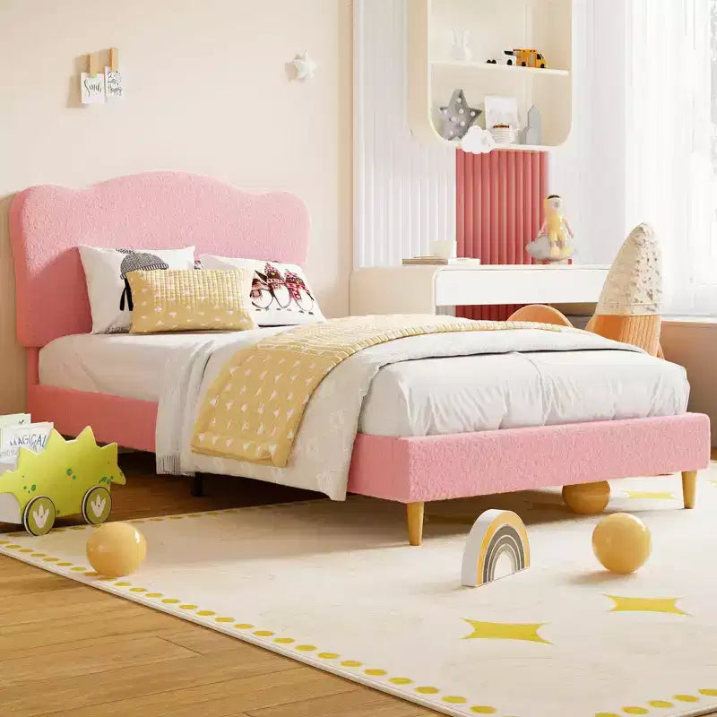 Cadre de lit double rembourré pour enfants avec tête de lit festonnée, lit double en velours mignon pour filles, garçons, pas besoin de sommier, lattes en bois, silencieux