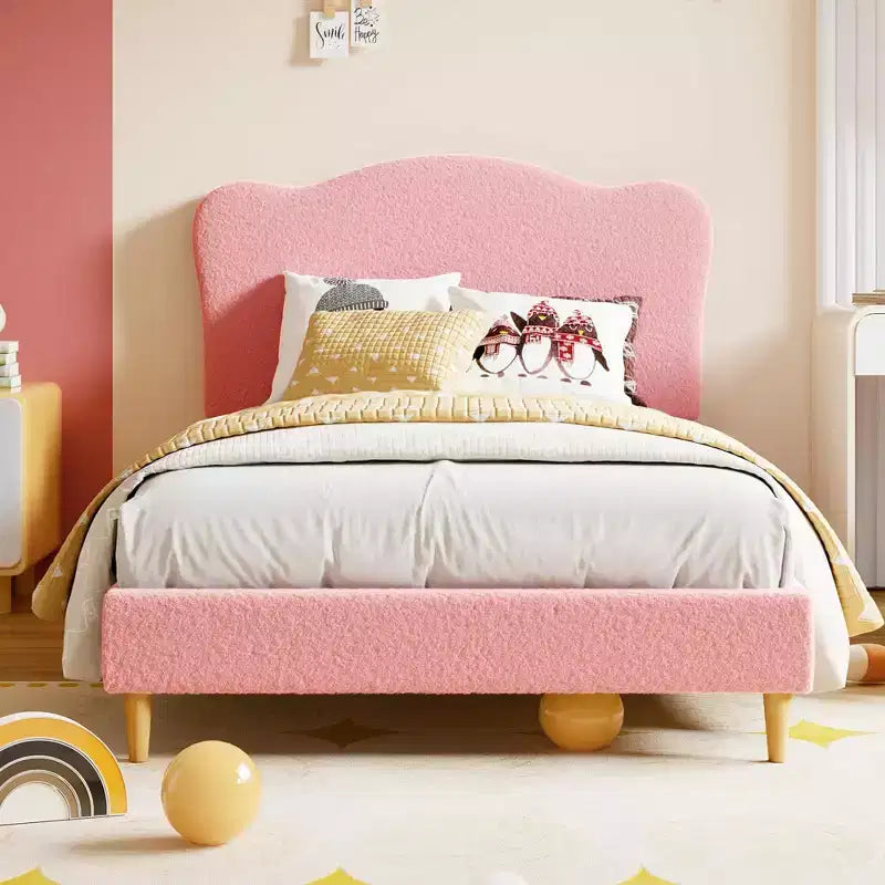 Cadre de lit double rembourré pour enfants avec tête de lit festonnée, lit double en velours mignon pour filles, garçons, pas besoin de sommier, lattes en bois, silencieux