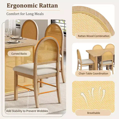 Ensemble table à manger 7 pièces pour 6 personnes, table à manger rectangulaire de 152 cm avec chaises rembourrées, table de petit-déjeuner en rotin pour cuisine, salle à manger