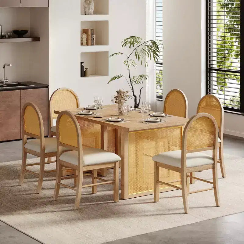 Ensemble table à manger 7 pièces pour 6 personnes, table à manger rectangulaire de 152 cm avec chaises rembourrées, table de petit-déjeuner en rotin pour cuisine, salle à manger