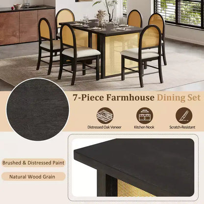 Ensemble table à manger 7 pièces pour 6 personnes, table à manger rectangulaire de 152 cm avec chaises rembourrées, table de petit-déjeuner en rotin pour cuisine, salle à manger