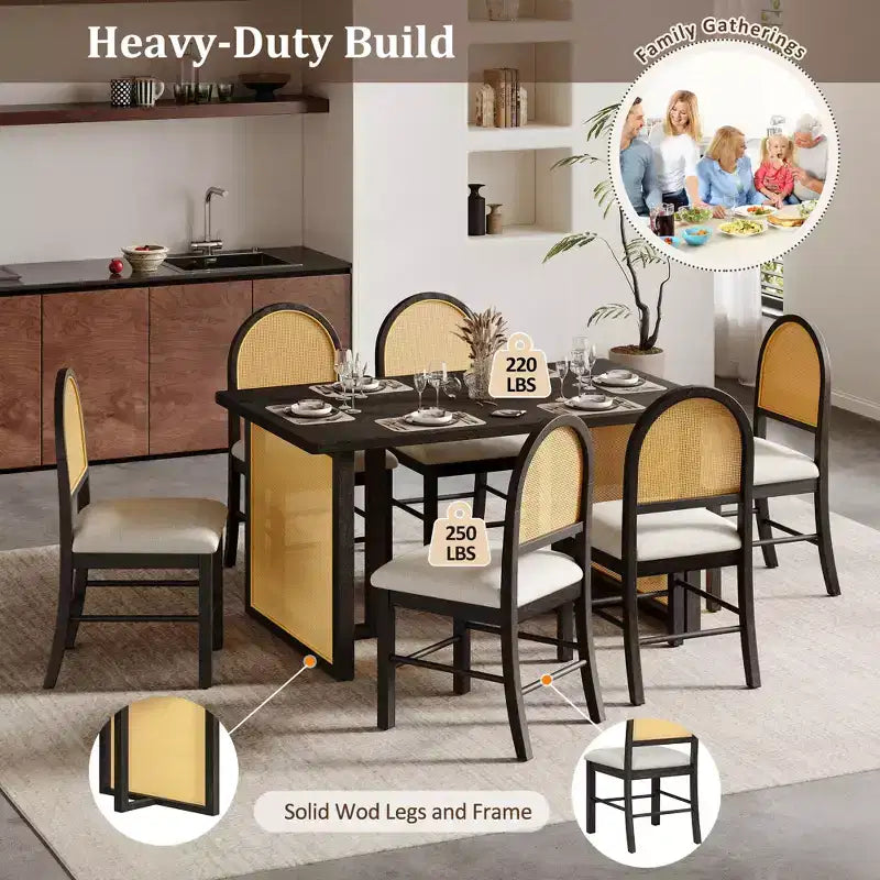 Ensemble table à manger 7 pièces pour 6 personnes, table à manger rectangulaire de 152 cm avec chaises rembourrées, table de petit-déjeuner en rotin pour cuisine, salle à manger