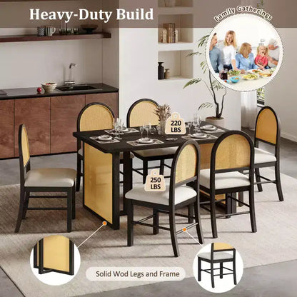 Ensemble table à manger 7 pièces pour 6 personnes, table à manger rectangulaire de 152 cm avec chaises rembourrées, table de petit-déjeuner en rotin pour cuisine, salle à manger