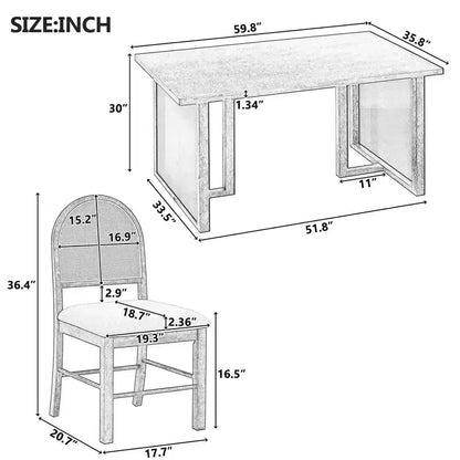 Ensemble table à manger 7 pièces pour 6 personnes, table à manger rectangulaire de 152 cm avec chaises rembourrées, table de petit-déjeuner en rotin pour cuisine, salle à manger