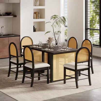 Ensemble table à manger 7 pièces pour 6 personnes, table à manger rectangulaire de 152 cm avec chaises rembourrées, table de petit-déjeuner en rotin pour cuisine, salle à manger